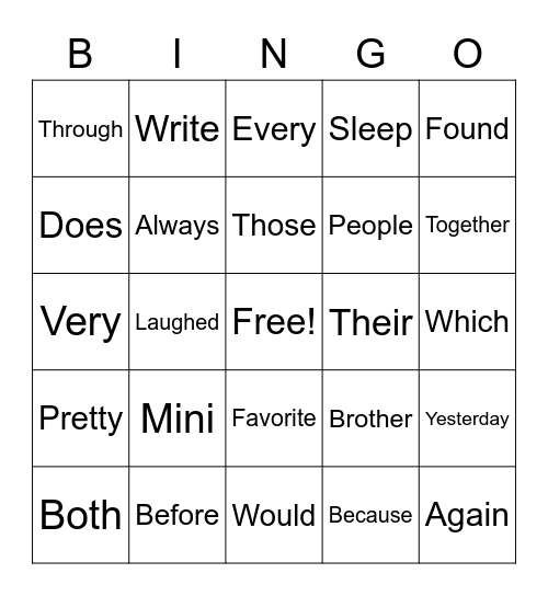 1st & 2nd Grade Sight Words Bingo Card