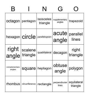 Geometry Bingo Card