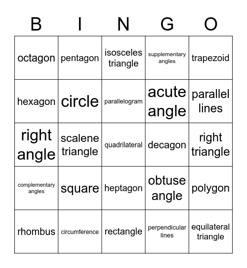 Geometry Bingo Card