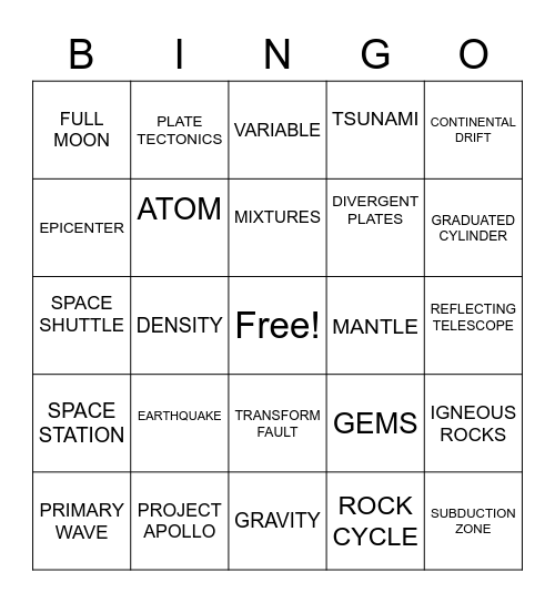 SCIENCE Bingo Card