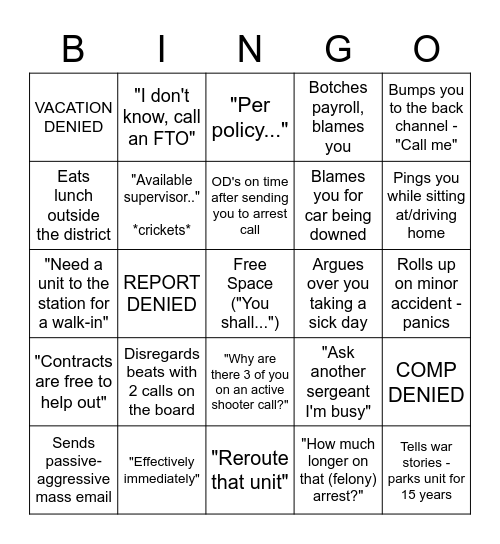 HCSO Supervisor Bingo! Bingo Card