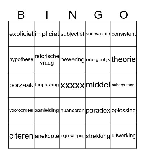 veelvoorkomende woorden in examens Bingo Card