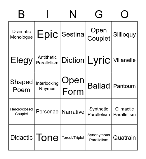 Poetry Devices Bingo Card