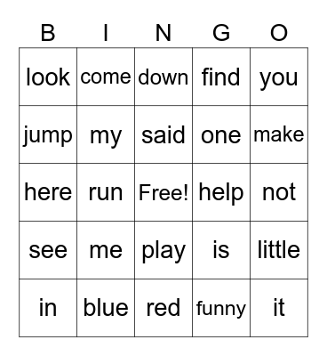 Pre- primer Sight Word Bingo Card