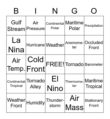 Weather Vocabulary Bingo Card