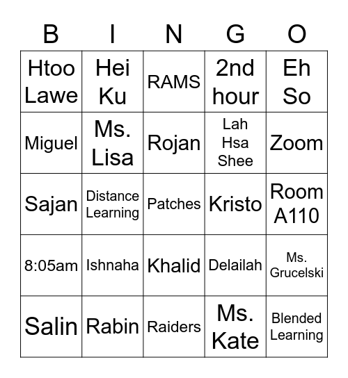 2nd hour BINGO Card