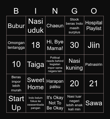 Ganghee Bingo Card