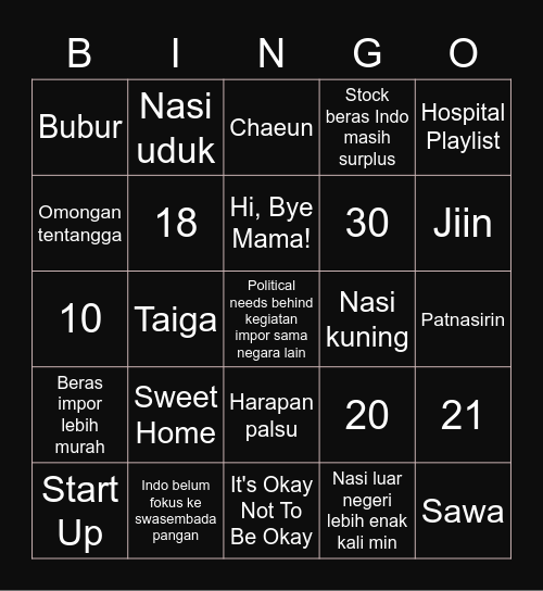 Ganghee Bingo Card