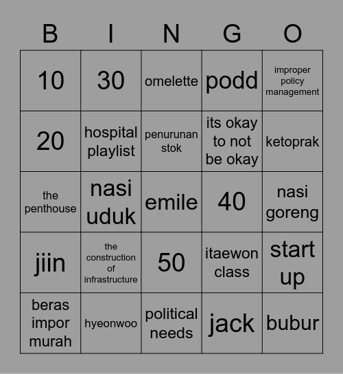 k's Bingo Card