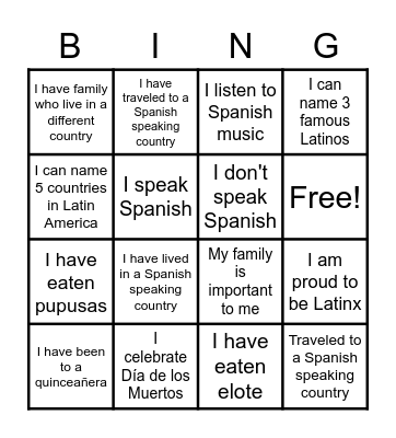 Latinx Bingo Card