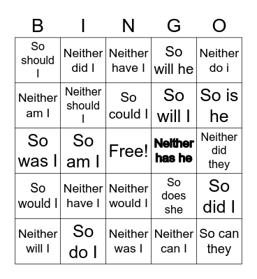 Neither/So Bingo Card