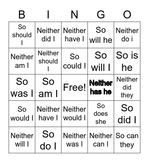 Neither/So Bingo Card