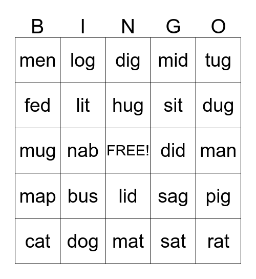 Consonant Vowel Consonant Bingo Card