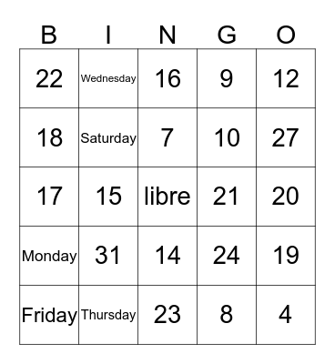 Numeros y Dias Bingo Card