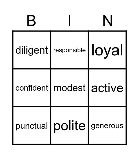 Adjectives Bingo Card