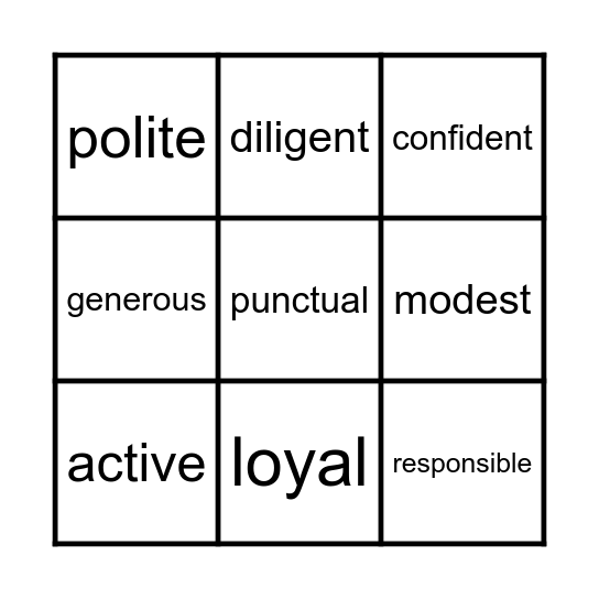 Adjectives Bingo Card