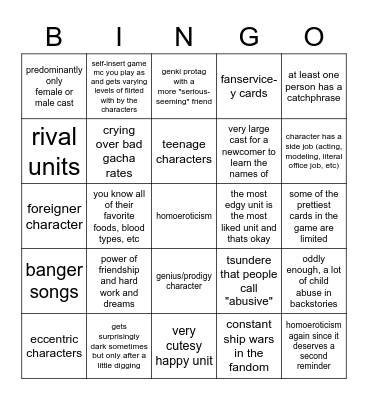 idol (and idol adjacent) anime bingo Card