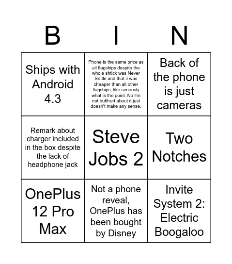 OnePlus Bingo Card