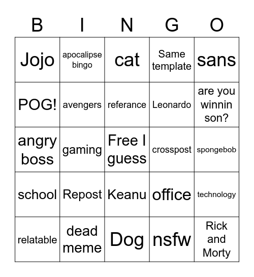 reddit r/memes bingo Card