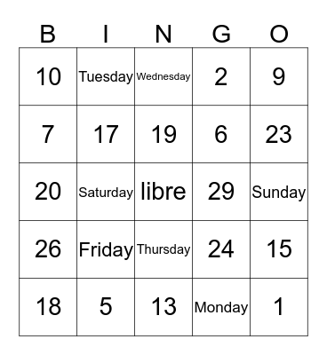 Numeros y Dias Bingo Card