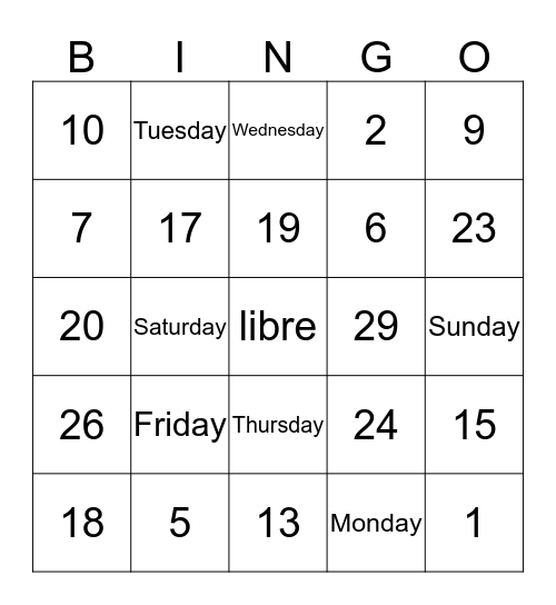 Numeros y Dias Bingo Card