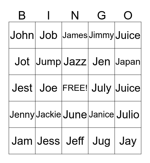 J Letter Bingo Card