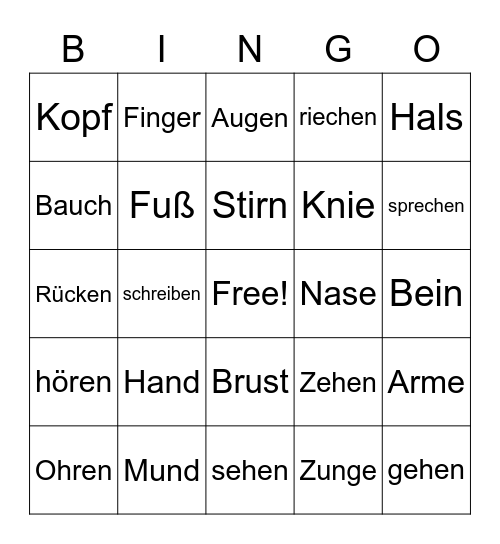 Körperteile Bingo Card