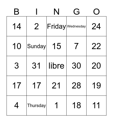 Numeros y Dias Bingo Card