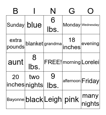 Samantha's Baby Shower Bingo Card