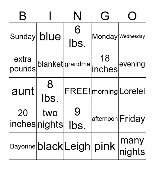 Samantha's Baby Shower Bingo Card