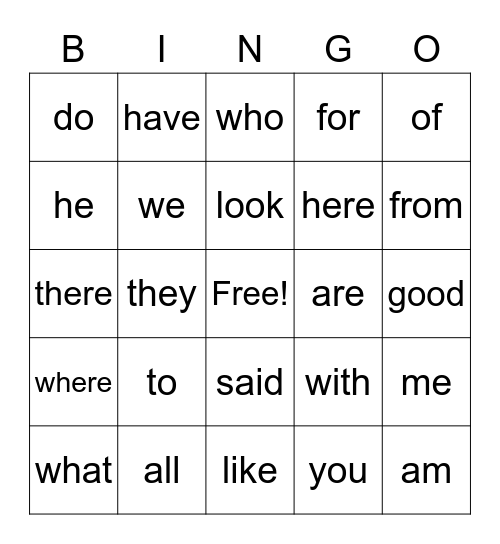 K Sight Word Bingo Card