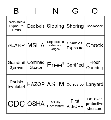 Safety Bingo Card