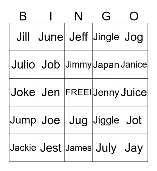 J Letter Bingo Card