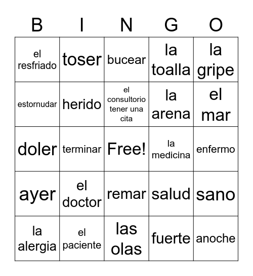 Avancemos 1 6.2 Bingo Card