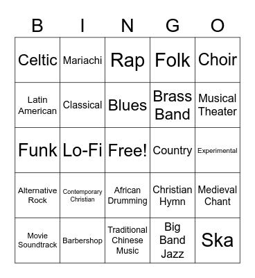 Music Genres Bingo Card