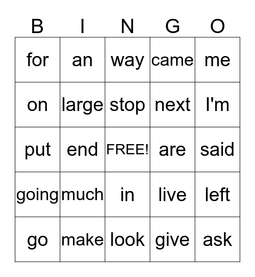 Words I know Bingo Card