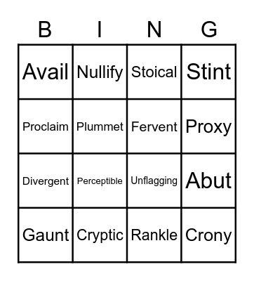 Vocabulary Unit 8 Bingo Card