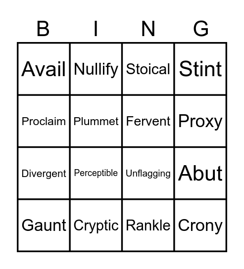 Vocabulary Unit 8 Bingo Card