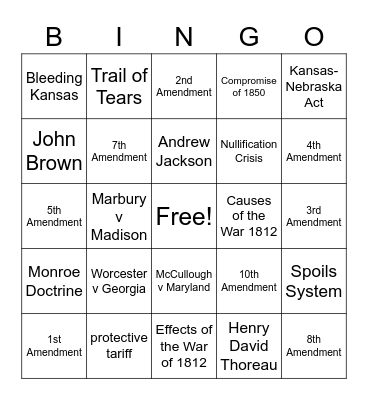 8th US Early Republic/Amendments Bingo Card