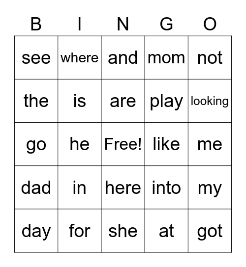 Sight Words Bingo Card