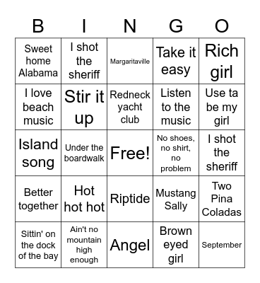 Beach Music Bingo Card