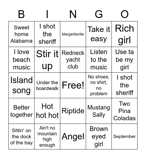 Beach Music Bingo Card