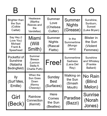 Sunshine & Summertime Bingo Card