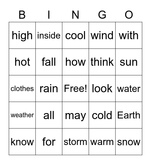 Unit 6 Sight Words Bingo Card