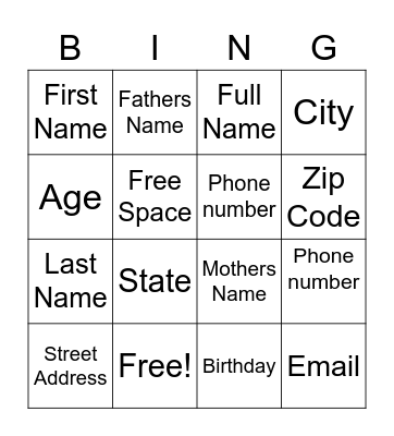 Personal ID Bingo Card