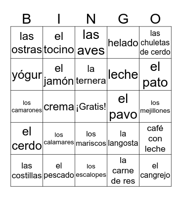 Carnes, mariscos y lácteos Bingo Card