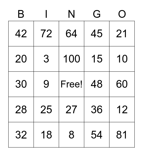 Multiplication Bingo Card