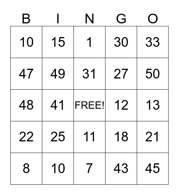 Number Bingo Card