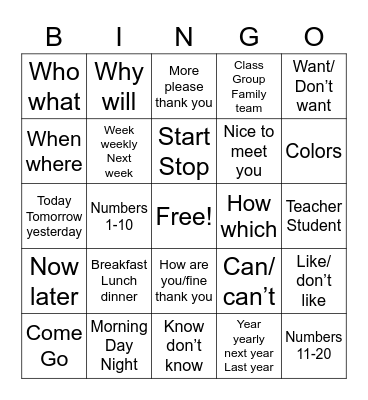 Sign language vocabulary Bingo Card