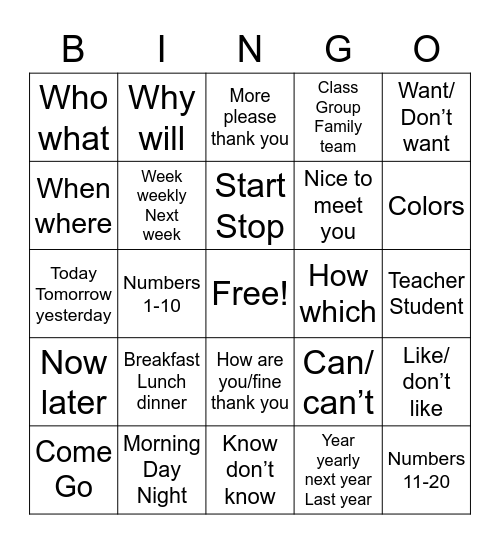 Sign language vocabulary Bingo Card